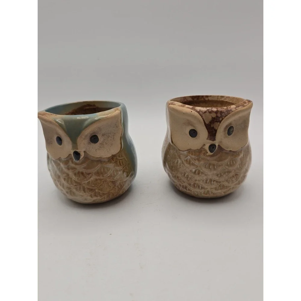 Woodland Mini Owl Planters or Match Stick Holders Tan Beige Brown  Set of 2